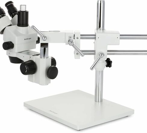 AmScope SM-4TZ-FRL-MB Digital Professional Trinocular Stereo Zoom Microscope, WH10x Eyepieces, 3.5X-90X Magnification, 0.7X-4.5X Zoom Objective, 8W Fluorescent Ring Light, Double-Arm Boom Stand, 110V-120V, Includes 0.5X and 2.0X Barlow Lenses and 1.3MP Ca in Saudi Arabia