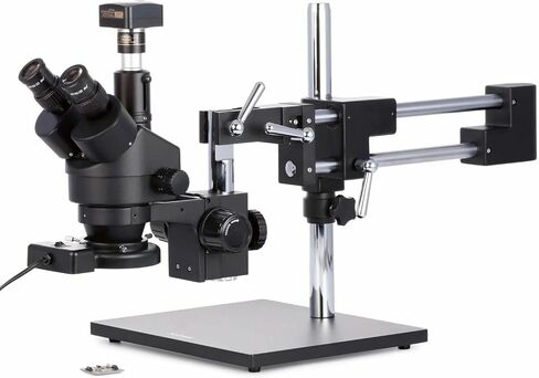 AmScope SM-4TZ-FRL-MB مجهر تكبير ستيريو رقمي احترافي ثلاثي العينيات، عدسات WH10x، تكبير 3.5X-90X، هدف تكبير 0.7X-4.5X، ضوء حلقة فلورسنت 8 وات، حامل ذراع مزدوج، 110 فولت - 120 فولت، يشمل 0.5X وعدسات بارلو 2.0X و1.3 ميجابكسل Ca in Kuwait