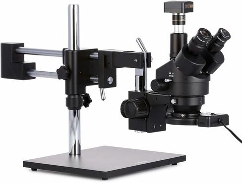 AmScope SM-4TZ-FRL-MB مجهر تكبير ستيريو رقمي احترافي ثلاثي العينيات، عدسات WH10x، تكبير 3.5X-90X، هدف تكبير 0.7X-4.5X، ضوء حلقة فلورسنت 8 وات، حامل ذراع مزدوج، 110 فولت - 120 فولت، يشمل 0.5X وعدسات بارلو 2.0X و1.3 ميجابكسل Ca in Kuwait