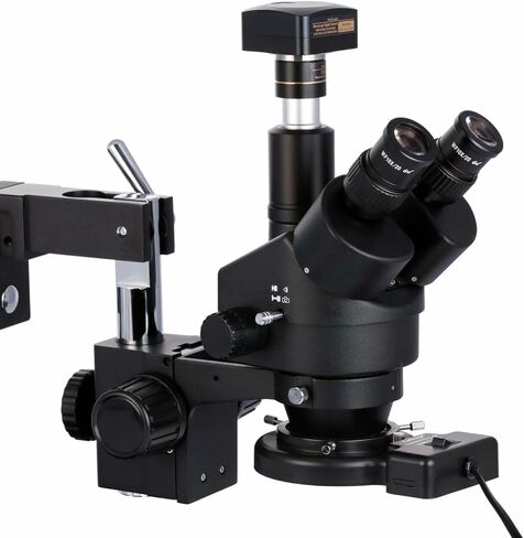 AmScope SM-4TZ-FRL-MB مجهر تكبير ستيريو رقمي احترافي ثلاثي العينيات، عدسات WH10x، تكبير 3.5X-90X، هدف تكبير 0.7X-4.5X، ضوء حلقة فلورسنت 8 وات، حامل ذراع مزدوج، 110 فولت - 120 فولت، يشمل 0.5X وعدسات بارلو 2.0X و1.3 ميجابكسل Ca in Kuwait