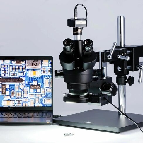 AmScope SM-4TZ-FRL-MB مجهر تكبير ستيريو رقمي احترافي ثلاثي العينيات، عدسات WH10x، تكبير 3.5X-90X، هدف تكبير 0.7X-4.5X، ضوء حلقة فلورسنت 8 وات، حامل ذراع مزدوج، 110 فولت - 120 فولت، يشمل 0.5X وعدسات بارلو 2.0X و1.3 ميجابكسل Ca in Kuwait