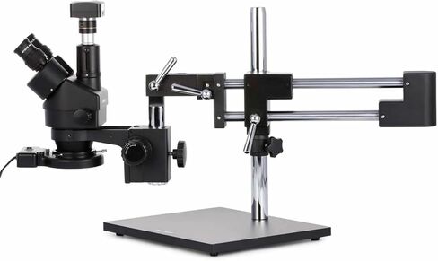 AmScope SM-4TZ-FRL-MB مجهر تكبير ستيريو رقمي احترافي ثلاثي العينيات، عدسات WH10x، تكبير 3.5X-90X، هدف تكبير 0.7X-4.5X، ضوء حلقة فلورسنت 8 وات، حامل ذراع مزدوج، 110 فولت - 120 فولت، يشمل 0.5X وعدسات بارلو 2.0X و1.3 ميجابكسل Ca in Kuwait