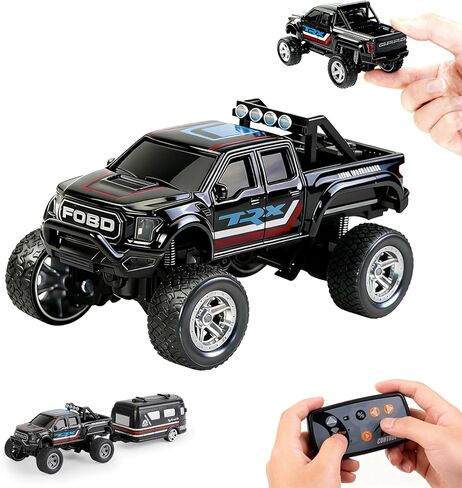 Mini RC Truck, 1/64 Scale Alloy Remote Control Monster Truck with Lights, 2.4GHz Remote Control Car,Mini Monster Truck with Trailer, Speed & Steering Adjustable in Saudi Arabia