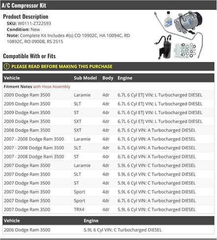 طقم ضاغط مكيف الهواء مع خرطوم - متوافق مع 2006-2009 دودج رام 3500 4 أبواب 5.9 لتر 6.7 لتر توربو ديزل in Saudi Arabia