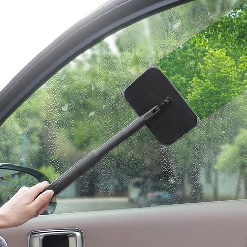 Car Windshield Cleaning Tool, Vehicle Window Cleaner with Extendable Handle & 4 Washable Microfiber Pads, Automotive Glass Wiper Windscreen Wash Kit, Universal for Vehicles in Saudi Arabia