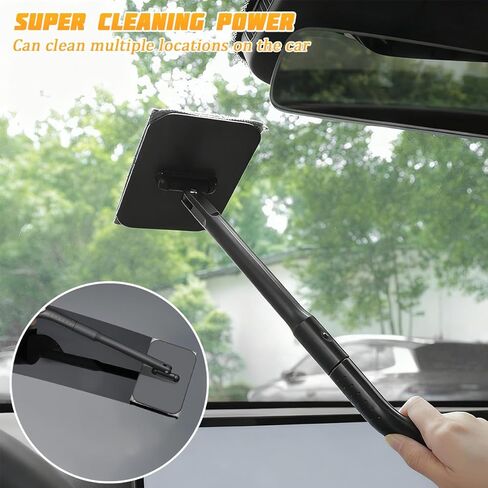 Car Windshield Cleaning Tool, Vehicle Window Cleaner with Extendable Handle & 4 Washable Microfiber Pads, Automotive Glass Wiper Windscreen Wash Kit, Universal for Vehicles in Saudi Arabia