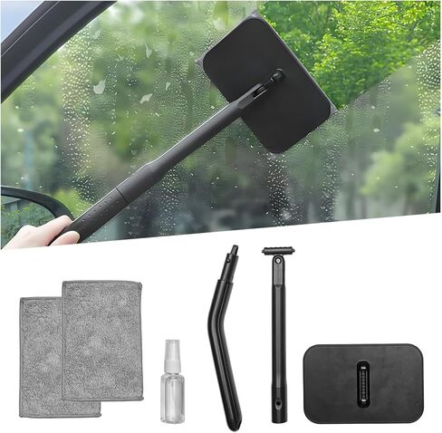Car Windshield Cleaning Tool, Vehicle Window Cleaner with Extendable Handle & 4 Washable Microfiber Pads, Automotive Glass Wiper Windscreen Wash Kit, Universal for Vehicles in Saudi Arabia