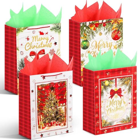 HAMUTH 4 Pack 16" Extra Large Christmas Gift Bags, Bulk Large Bags with Tissue Paper, Reusable Holiday Gift Bags with Handles for Christmas Gifting & Party Favors in Saudi Arabia