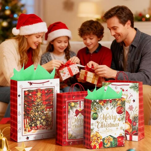 HAMUTH 4 Pack 16" Extra Large Christmas Gift Bags, Bulk Large Bags with Tissue Paper, Reusable Holiday Gift Bags with Handles for Christmas Gifting & Party Favors in Saudi Arabia