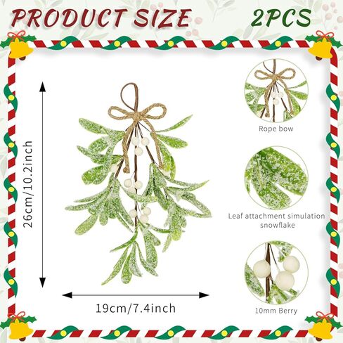 2 Pcs Christmas Artificial Mistletoe Ornament, 10.6'' Snowy Frosted Mistletoe Christmas Decoration with Berry Kissing Ball Mistletoe Hanging Decorations Spray for Winter Holiday Decor (2, Red) in Kuwait