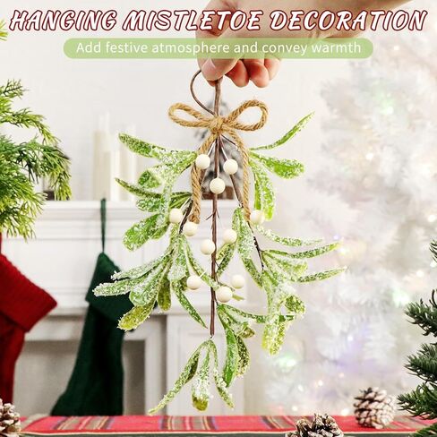 2 Pcs Christmas Artificial Mistletoe Ornament, 10.6'' Snowy Frosted Mistletoe Christmas Decoration with Berry Kissing Ball Mistletoe Hanging Decorations Spray for Winter Holiday Decor (2, Red) in Kuwait