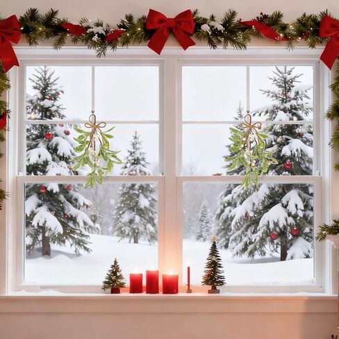 2 Pcs Christmas Artificial Mistletoe Ornament, 10.6'' Snowy Frosted Mistletoe Christmas Decoration with Berry Kissing Ball Mistletoe Hanging Decorations Spray for Winter Holiday Decor (2, Red) in Kuwait