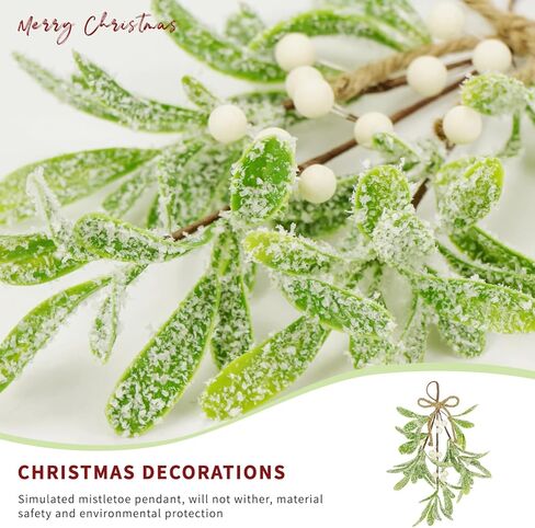 2 Pcs Christmas Artificial Mistletoe Ornament, 10.6'' Snowy Frosted Mistletoe Christmas Decoration with Berry Kissing Ball Mistletoe Hanging Decorations Spray for Winter Holiday Decor (2, Red) in Kuwait