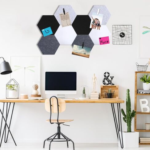 8 قطع مقاس 12 بوصة من بلاط الفلين السداسي الكبير ذاتي اللصق DIY لوحة الإعلانات دبوس لملصقات ديكور الحائط المنزلية والمكتبية، عرض الصور مع 10 دبابيس رسم بمشبك متعدد الألوان (وردي) in Saudi Arabia