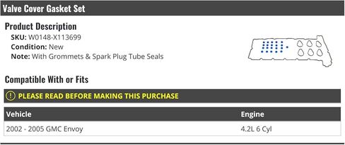 Valve Cover Gasket Set - with Grommets and Spark Plug Tube Seals - Compatible with 2002-2005 GMC Envoy 4.2L 6-Cylinder in Saudi Arabia