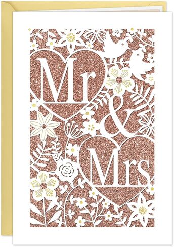 D24TIME Wedding Card for Bride and Groom - Elegant Die-Cut Floral and Birds Design with Glitter Champagne Gold - Personalized Wedding Congratuations Card with Envelope and Sticker 5.5x8in in Saudi Arabia
