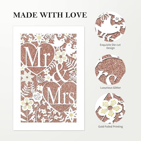 D24TIME Wedding Card for Bride and Groom - Elegant Die-Cut Floral and Birds Design with Glitter Champagne Gold - Personalized Wedding Congratuations Card with Envelope and Sticker 5.5x8in in Saudi Arabia