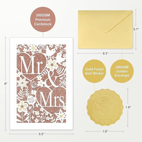 D24TIME Wedding Card for Bride and Groom - Elegant Die-Cut Floral and Birds Design with Glitter Champagne Gold - Personalized Wedding Congratuations Card with Envelope and Sticker 5.5x8in in Saudi Arabia