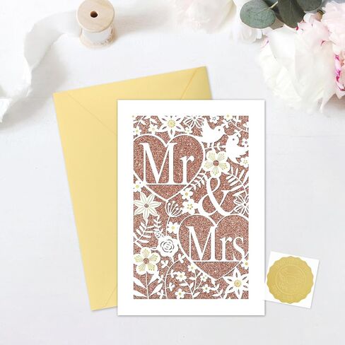 D24TIME Wedding Card for Bride and Groom - Elegant Die-Cut Floral and Birds Design with Glitter Champagne Gold - Personalized Wedding Congratuations Card with Envelope and Sticker 5.5x8in in Saudi Arabia