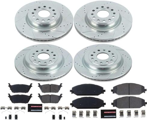 Power Stop K8182 وسادات الفرامل الأمامية والخلفية Z23 من ألياف الكربون مع مجموعة دوارات الفرامل المحفورة والمشقوقة لـ 2019 2020 2021 2022 Ram 1500 in Saudi Arabia