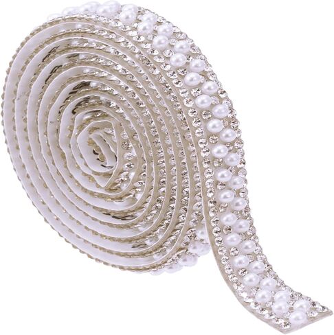 1 Yard Pearl Rhinestone Strips, Self Adhesive Crystal Pearl Rhinestone Ribbon, Bling Wrap Roll Stickers Strips Tape Trim for DIY Crafts Wedding Party Birthday Phone Decoration- White in Saudi Arabia