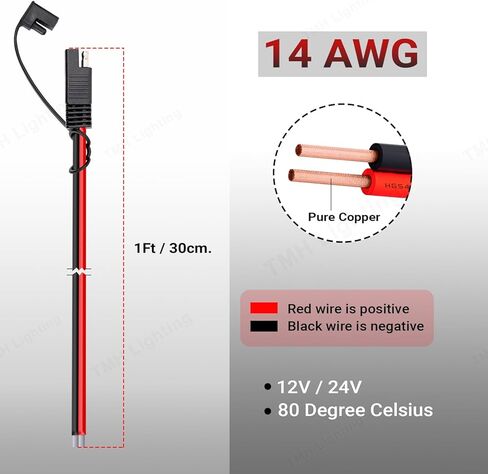 TMH Connector Cable 1 FT SAE Extension 14 AWG Cable, 15A Quick Connector Disconnect Plug for Solar Panel, Cars, Tractor, RV, Single SAE Plug - 2 Pin (10 Packs) in Saudi Arabia