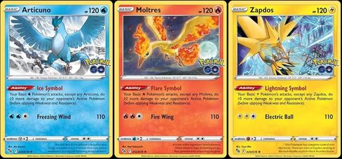 Articuno Moltres Zapdos - Pokemon Go - Foil - مجموعة البطاقات الأسطورية - مجموعة 3 بطاقات in Saudi Arabia