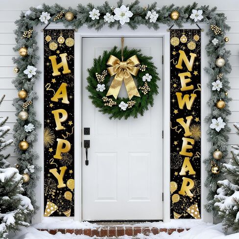Happy New Year 2026 Porch Banner Sign, Black Gold Disco Ball Firework Balloon Front Door Decorative Hanging Welcome Banners Flag, Christmas Winter Celebration Party Home Outdoor Decoration in Saudi Arabia