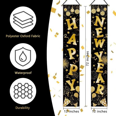 Happy New Year 2026 Porch Banner Sign, Black Gold Disco Ball Firework Balloon Front Door Decorative Hanging Welcome Banners Flag, Christmas Winter Celebration Party Home Outdoor Decoration in Saudi Arabia