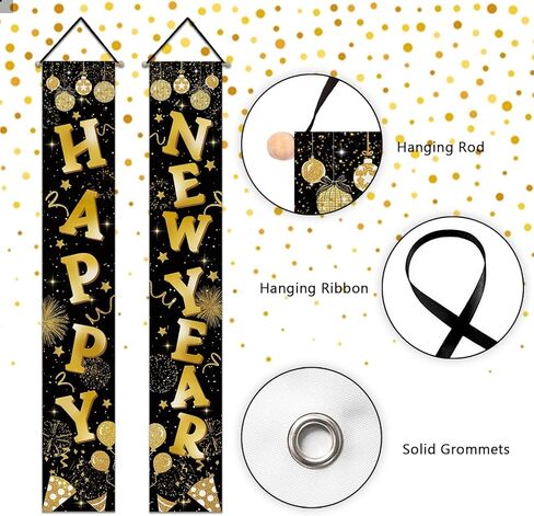 Happy New Year 2026 Porch Banner Sign, Black Gold Disco Ball Firework Balloon Front Door Decorative Hanging Welcome Banners Flag, Christmas Winter Celebration Party Home Outdoor Decoration in Saudi Arabia