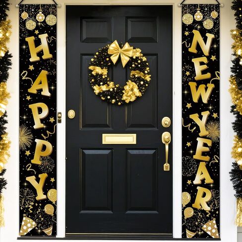 Happy New Year 2026 Porch Banner Sign, Black Gold Disco Ball Firework Balloon Front Door Decorative Hanging Welcome Banners Flag, Christmas Winter Celebration Party Home Outdoor Decoration in Saudi Arabia