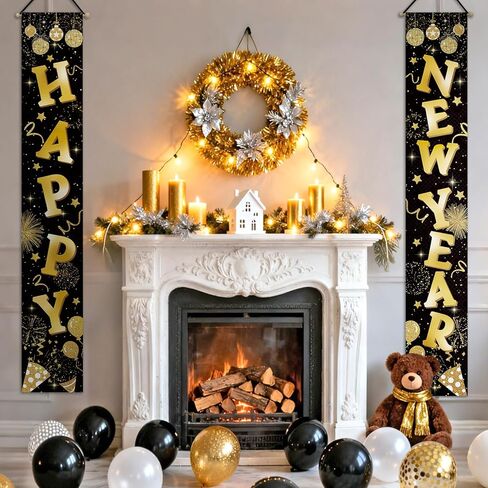 Happy New Year 2026 Porch Banner Sign, Black Gold Disco Ball Firework Balloon Front Door Decorative Hanging Welcome Banners Flag, Christmas Winter Celebration Party Home Outdoor Decoration in Saudi Arabia