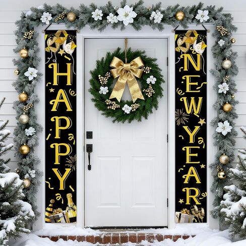 سنة جديدة سعيدة 2026 لافتة لافتة للشرفة، كرة ديسكو ذهبية سوداء، بالون الألعاب النارية للباب الأمامي، لافتة ترحيب معلقة، علم، احتفال عيد الميلاد الشتوي، ديكور المنزل الخارجي in Kuwait