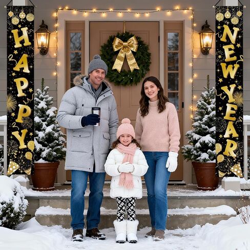 Happy New Year 2026 Porch Banner Sign, Black Gold Disco Ball Firework Balloon Front Door Decorative Hanging Welcome Banners Flag, Christmas Winter Celebration Party Home Outdoor Decoration in Saudi Arabia