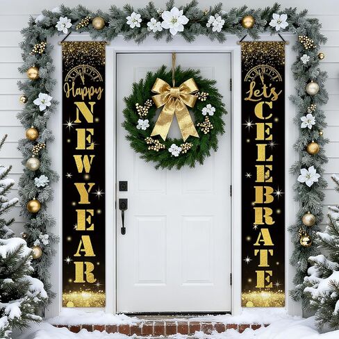 Happy New Year 2026 Porch Banner Sign, Black Gold Disco Ball Firework Balloon Front Door Decorative Hanging Welcome Banners Flag, Christmas Winter Celebration Party Home Outdoor Decoration in Saudi Arabia