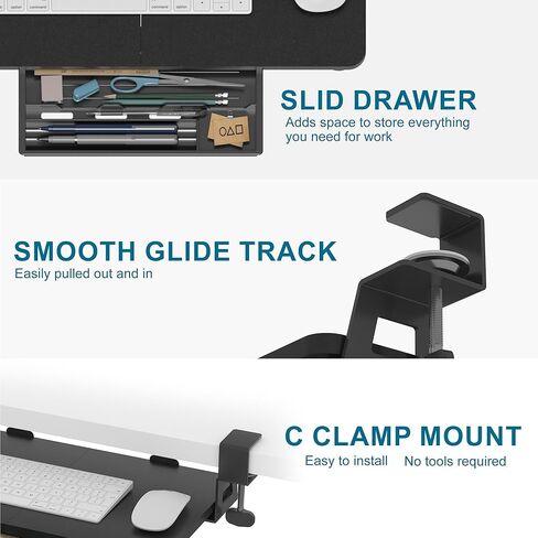 صينية لوحة المفاتيح أسفل المكتب، 19.7 بوصة × 11.81 بوصة، درج لوحة مفاتيح صغير الحجم مع مشبك C سهل التركيب، حامل لوحة مفاتيح الكمبيوتر منزلق للخارج، صينية لوحة مفاتيح مريحة للمنزل والمكتب in Kuwait
