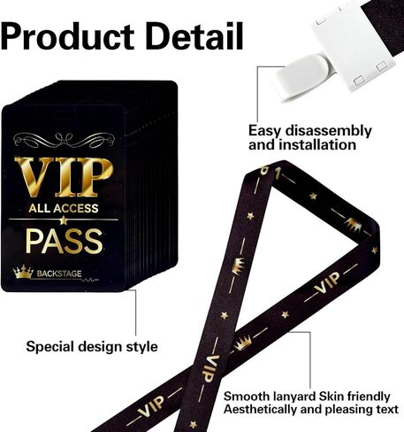 10 مجموعات من حبل شارة VIP مع بطاقة، وتذاكر VIP بلاستيكية مع حبل قصير لحدث الموظفين وبطاقة خلف الكواليس لحفلات أعياد الميلاد، وحفلات الموسيقى، وليالي الأفلام، وحفلات موسيقية (أسود، ذهبي) in Kuwait