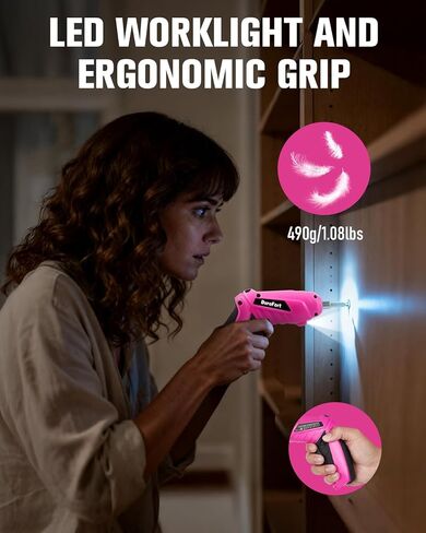 مجموعة مفك كهربائي لاسلكي وردي، طقم مفك كهربائي صغير قابل لإعادة الشحن 3.7 فولت مع 48 قطعة ملحقات، مسدس لولبي صغير 3 نانومتر مع مقبض لوضعين، عمود مرن LED ضوء للنساء in Kuwait
