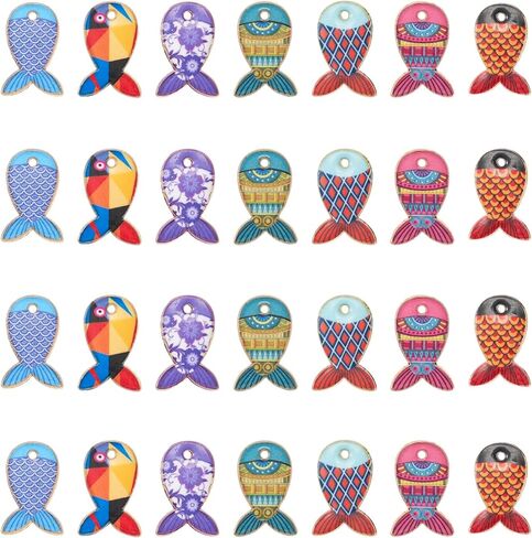 Craftdady 28Pcs Enamel Fish Charms: 7 Styles Colorful Pattern Fish Rack Pendants Cute Ocean Animal Charms for DIY Earring, Bracelet, Necklace Making in Saudi Arabia