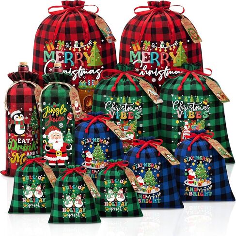 12Pcs Christmas Burlap Drawstring Gift Bags Christmas Wine Bags w/ Tags, Linen Xmas Gift Bag Assorted Sizes Bulk, Reusable Large Medium Small Holiday Gifts Wrapping Bag for Present Party Favors Sacks in Saudi Arabia