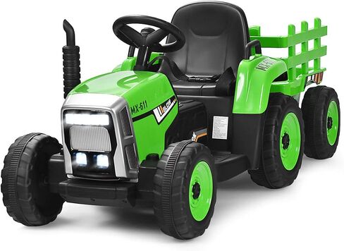 Costzon Ride on Tractor with Detachable Trailer, Kids' Electric Vehicles w/3-Gear-Shift Ground Loader, Wireless Design & USB, 7 LED Headlights, Remote Control Tractor Toy for Kids 3+ (12V, Green) in Saudi Arabia