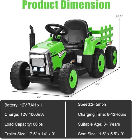 Costzon Ride on Tractor with Detachable Trailer, Kids' Electric Vehicles w/3-Gear-Shift Ground Loader, Wireless Design & USB, 7 LED Headlights, Remote Control Tractor Toy for Kids 3+ (12V, Green) in Saudi Arabia