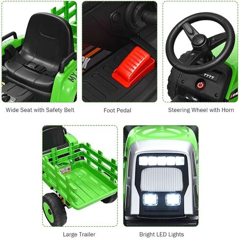 Costzon Ride on Tractor with Detachable Trailer, Kids' Electric Vehicles w/3-Gear-Shift Ground Loader, Wireless Design & USB, 7 LED Headlights, Remote Control Tractor Toy for Kids 3+ (12V, Green) in Saudi Arabia