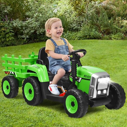Costzon Ride on Tractor with Detachable Trailer, Kids' Electric Vehicles w/3-Gear-Shift Ground Loader, Wireless Design & USB, 7 LED Headlights, Remote Control Tractor Toy for Kids 3+ (12V, Green) in Saudi Arabia
