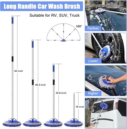 طقم ممسحة فرشاة غسيل السيارة مقاس 56.7 بوصة من Anngrowy، إسفنجة ميت مع مقبض طويل، مجموعة لوازم تنظيف السيارة، أدوات غسيل السيارات، منفضة خارجية خالية من الخدوش، عمود تمديد رأس بديل من الشنيل in Kuwait