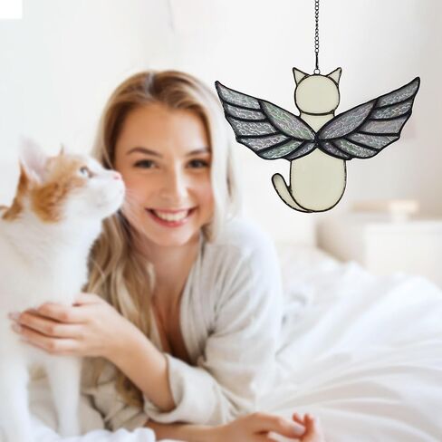 Angel Rainbow Wing Cat Memorial Gifts, Stained Glass Cat Decor for Window Hangings, Orange Black Cat Suncatcher, Loss of Cat Sympathy Gift (Black) in Kuwait