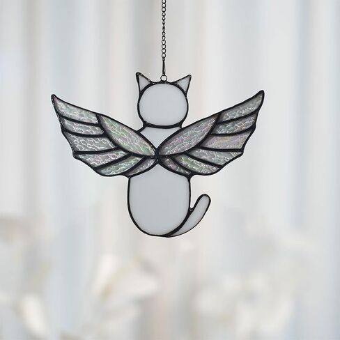 Angel Rainbow Wing Cat Memorial Gifts, Stained Glass Cat Decor for Window Hangings, Orange Black Cat Suncatcher, Loss of Cat Sympathy Gift (Black) in Kuwait
