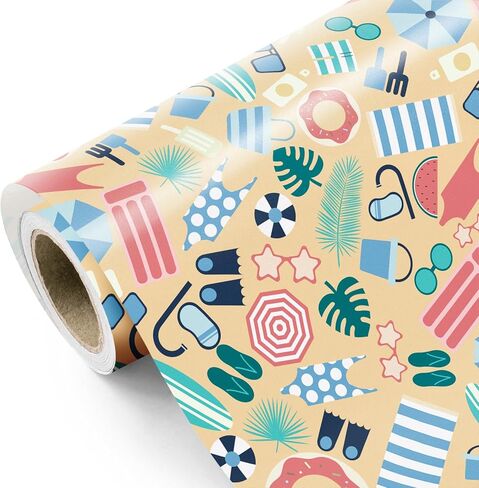 لفة ورق تغليف الشاطئ الصيفية من WRAPAHOLIC - لفة صغيرة - 17 بوصة × 16.5 قدم - ورق تغليف صيفي لعناصر حمام السباحة مثالي لمحبي الشاطئ، وحفلات حمام السباحة، وأعياد الميلاد in Saudi Arabia