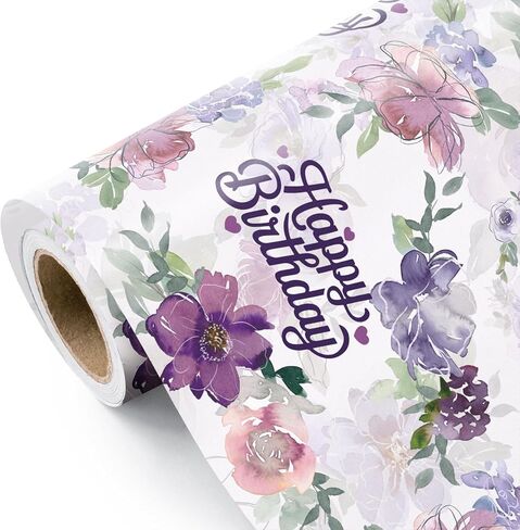 WRAPAHOLIC Birthday Wrapping Paper Roll - Mini Roll - 17 Inch x 16.5 Feet - Happy Birthday with Purple Flower Wrapping Paper for Girls Women, Baby Shower, Wedding in Saudi Arabia