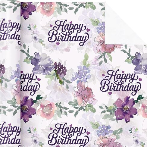 WRAPAHOLIC Birthday Wrapping Paper Roll - Mini Roll - 17 Inch x 16.5 Feet - Happy Birthday with Purple Flower Wrapping Paper for Girls Women, Baby Shower, Wedding in Saudi Arabia